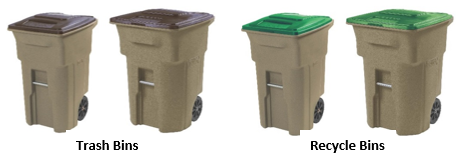 4 beige bins. The two on the left are labelled trash bins and have brown lids. The right two are labeled Recycle bins and have green bins. Of the two sets, the left bin is smaller than the right