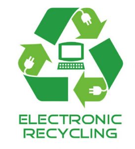 Electronic recycling logo, a green recycling symbol with power chords in the arrows and a computer in the middle
