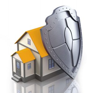 Cartoon Image of a large metallic silver shield, leaning on the right side of a house with a yellow roof